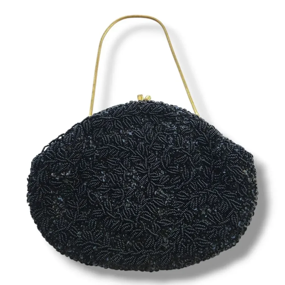 All Over Beaded Clutch Evening Bag Black Satin Vintage Handmade‎ In Hong Kong
